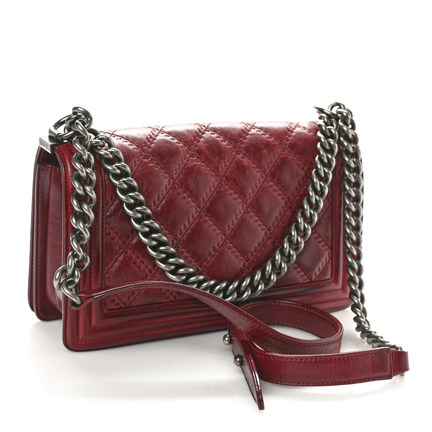 Calfskin Quilted Double Stitched Medium Boy Flap Burgundy
