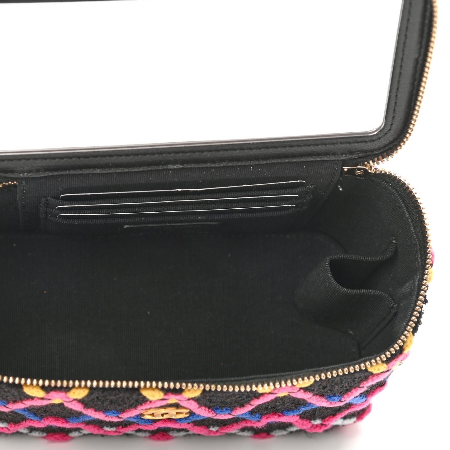 Tweed Diamond Threaded CC Pearl Crush Small Vanity Case With Chain Black Multicolor