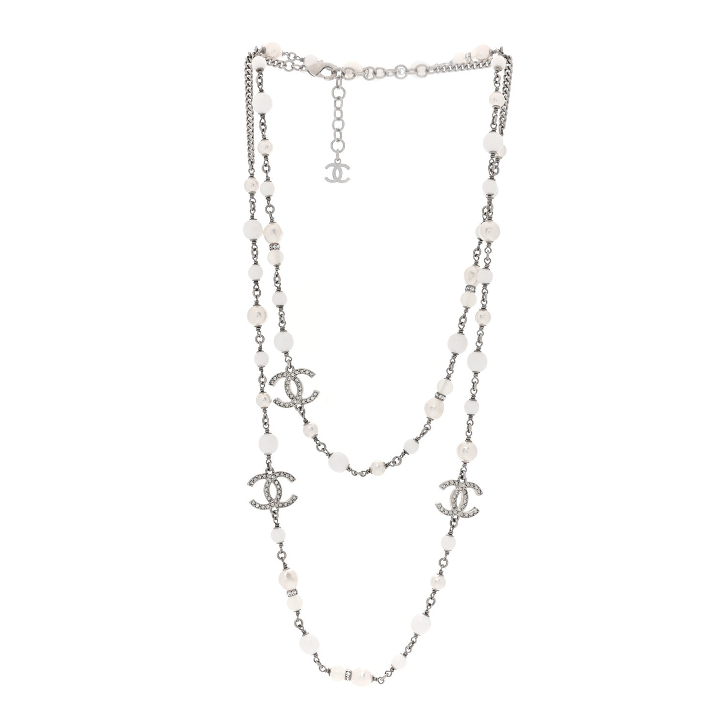Crystal Pearl CC Long Necklace Silver Pearly White