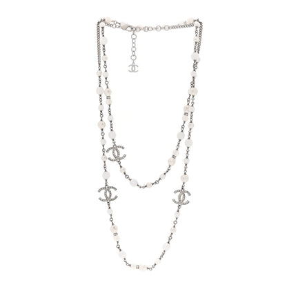 Chanel Crystal Pearl CC Long Necklace Silver Pearly White 3 of 5