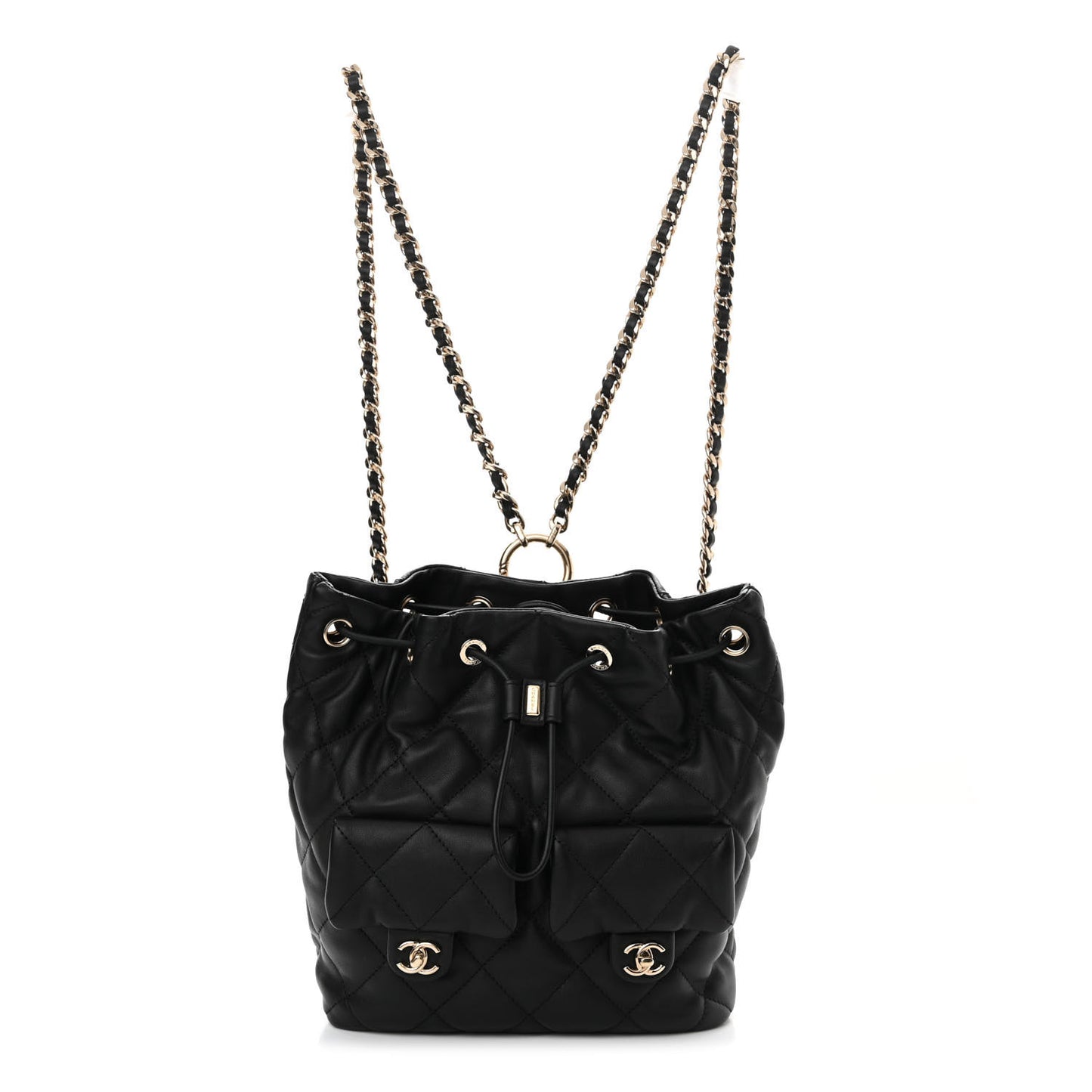 Calfskin Quilted Double Pocket Drawstring Backpack Black