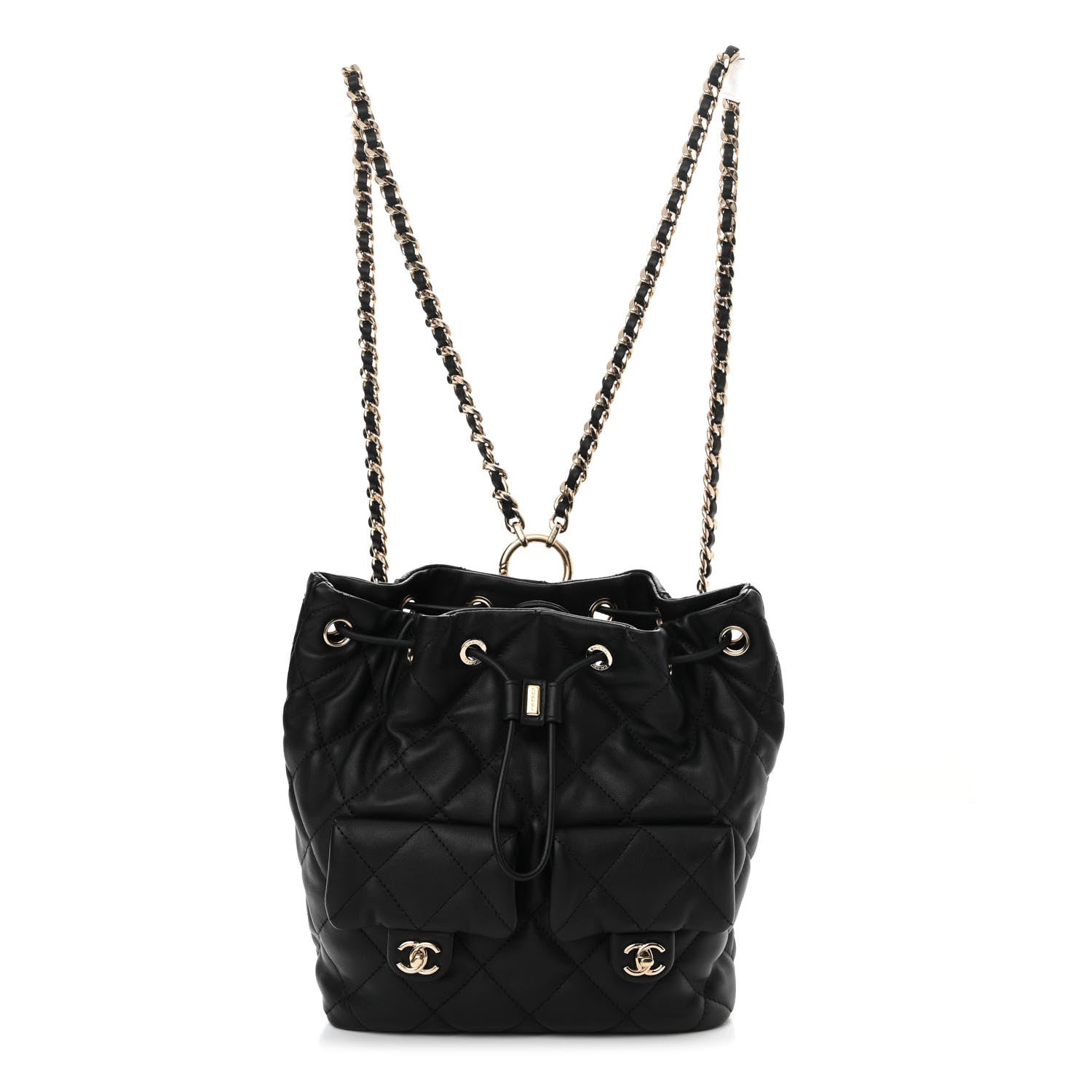 Chanel Calfskin Quilted Double Pocket Drawstring Backpack Black 1 of 11