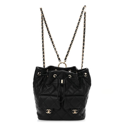 Chanel Calfskin Quilted Double Pocket Drawstring Backpack Black 1 of 11