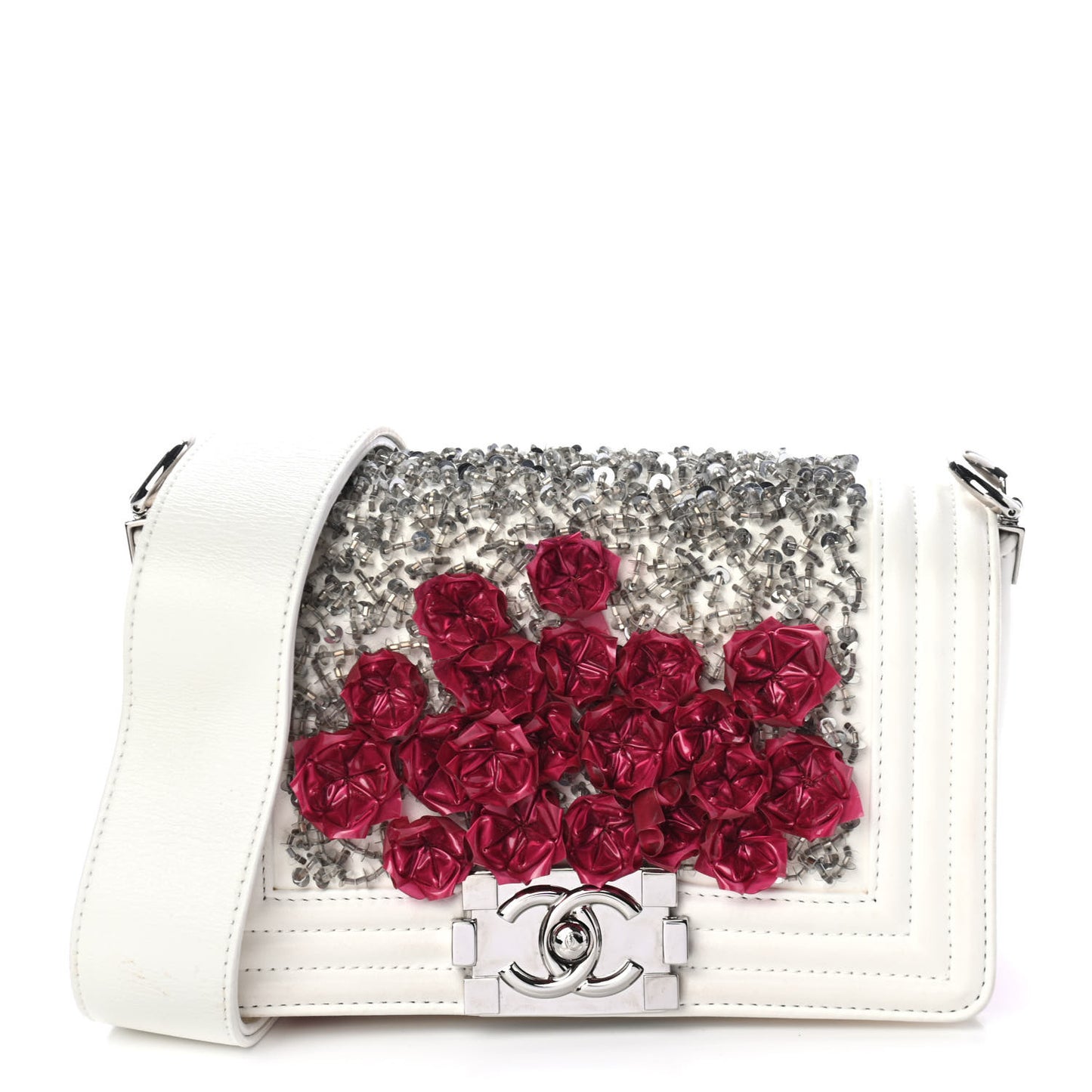 Calfskin Stingray Paris Bombay Embellished Small Boy Flap White