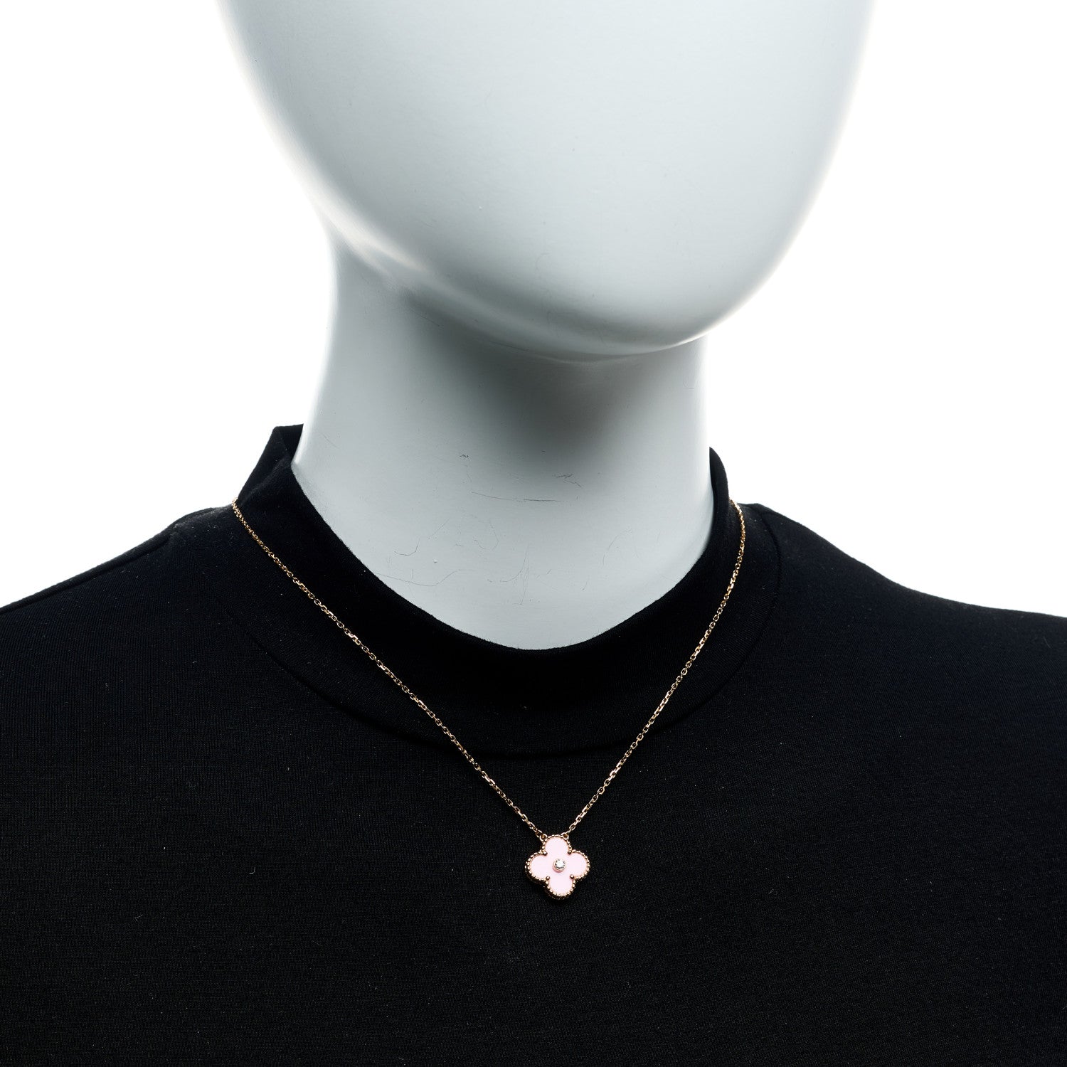 Van Cleef & Arpels 18K Rose Gold Diamond Pink Porcelain Vintage Alhambra Pendant Necklace 2 of 5