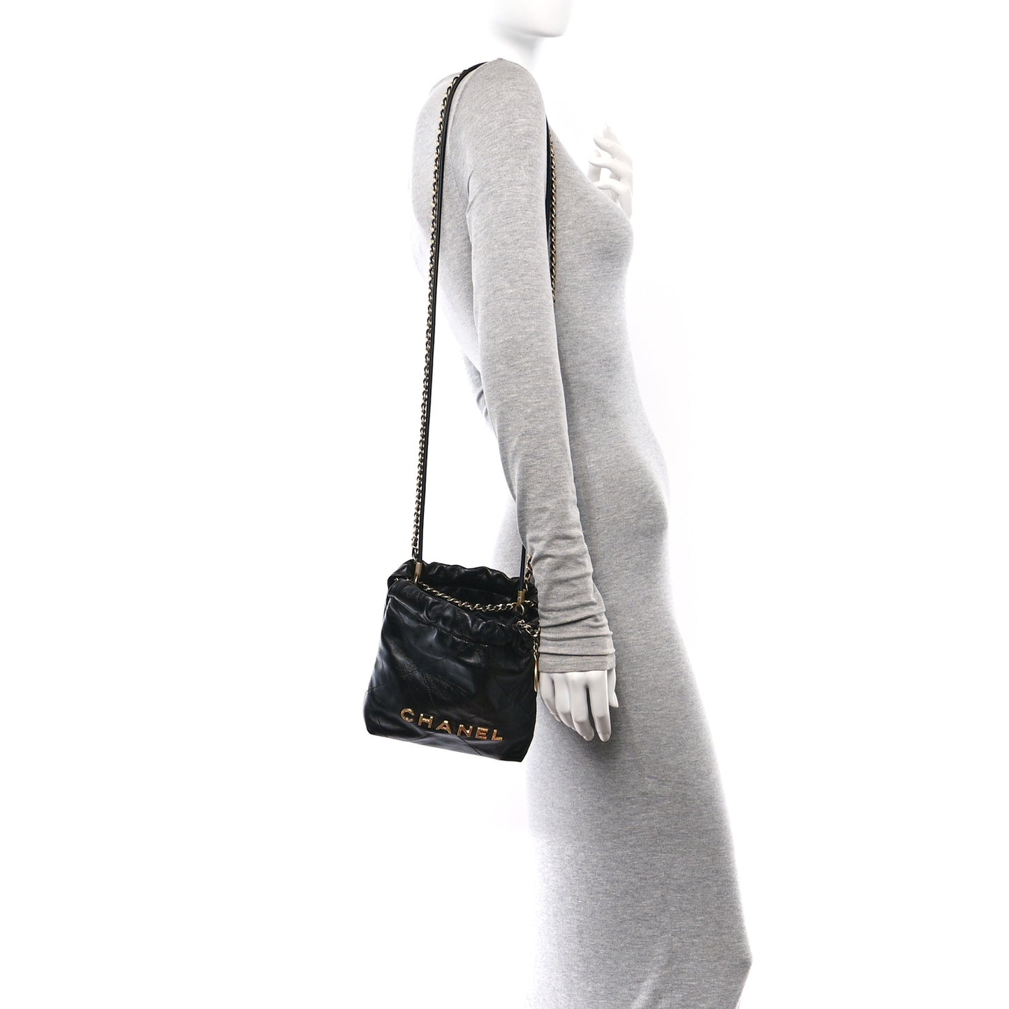 Shiny Crumpled Calfskin Quilted Pearl Mini Chanel 22 Black