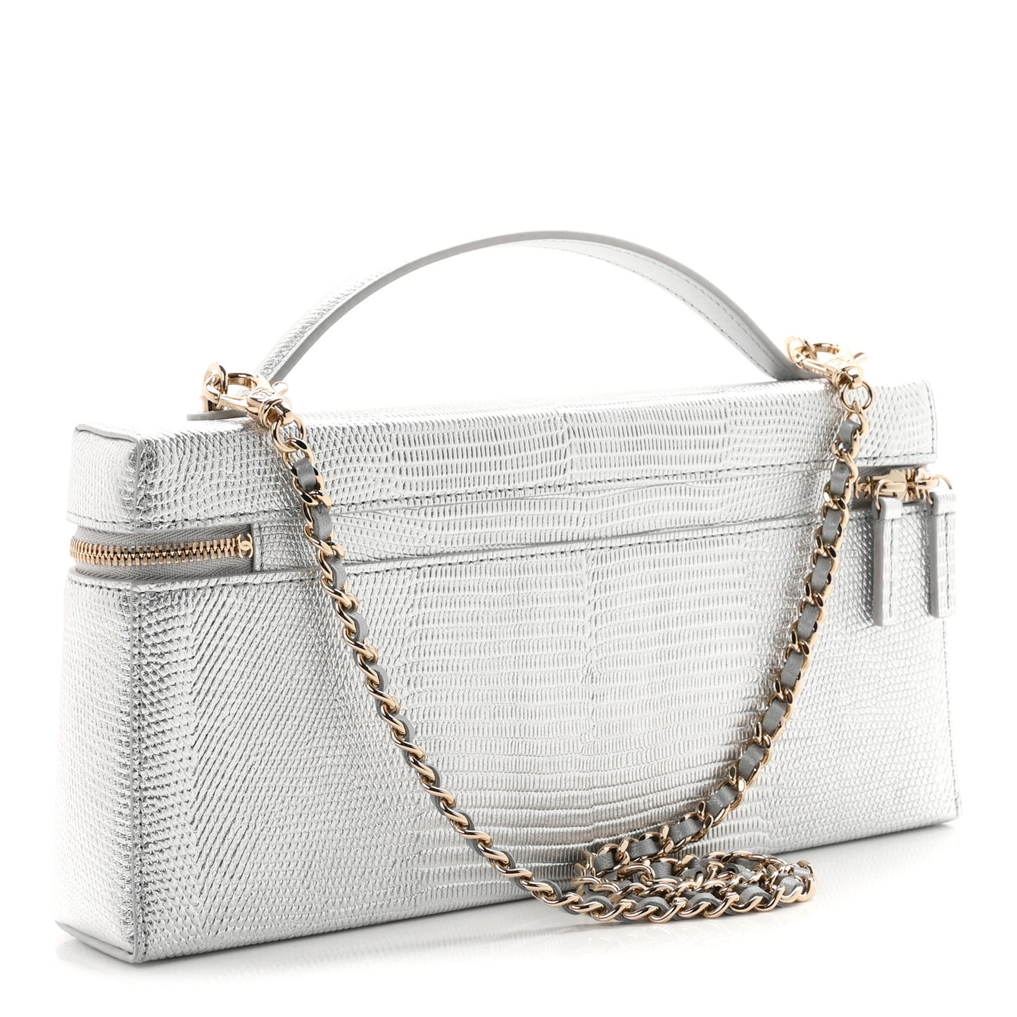 Lizard Embossed Top Handle Slim Vanity With Chain Silver
