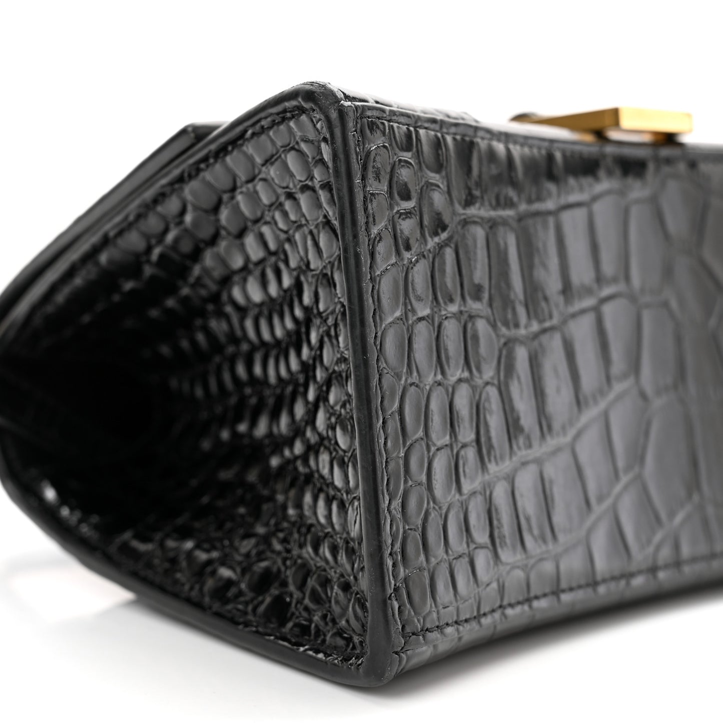 Shiny Calfskin Crocodile Embossed Small Hourglass Top Handle Bag Black