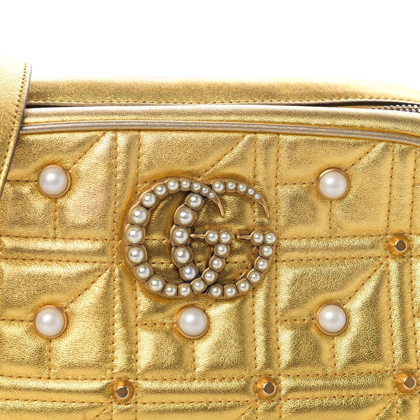 Metallic Calfskin Matelasse Studded Small Pearly GG Marmont Chain Shoulder Bag Gold
