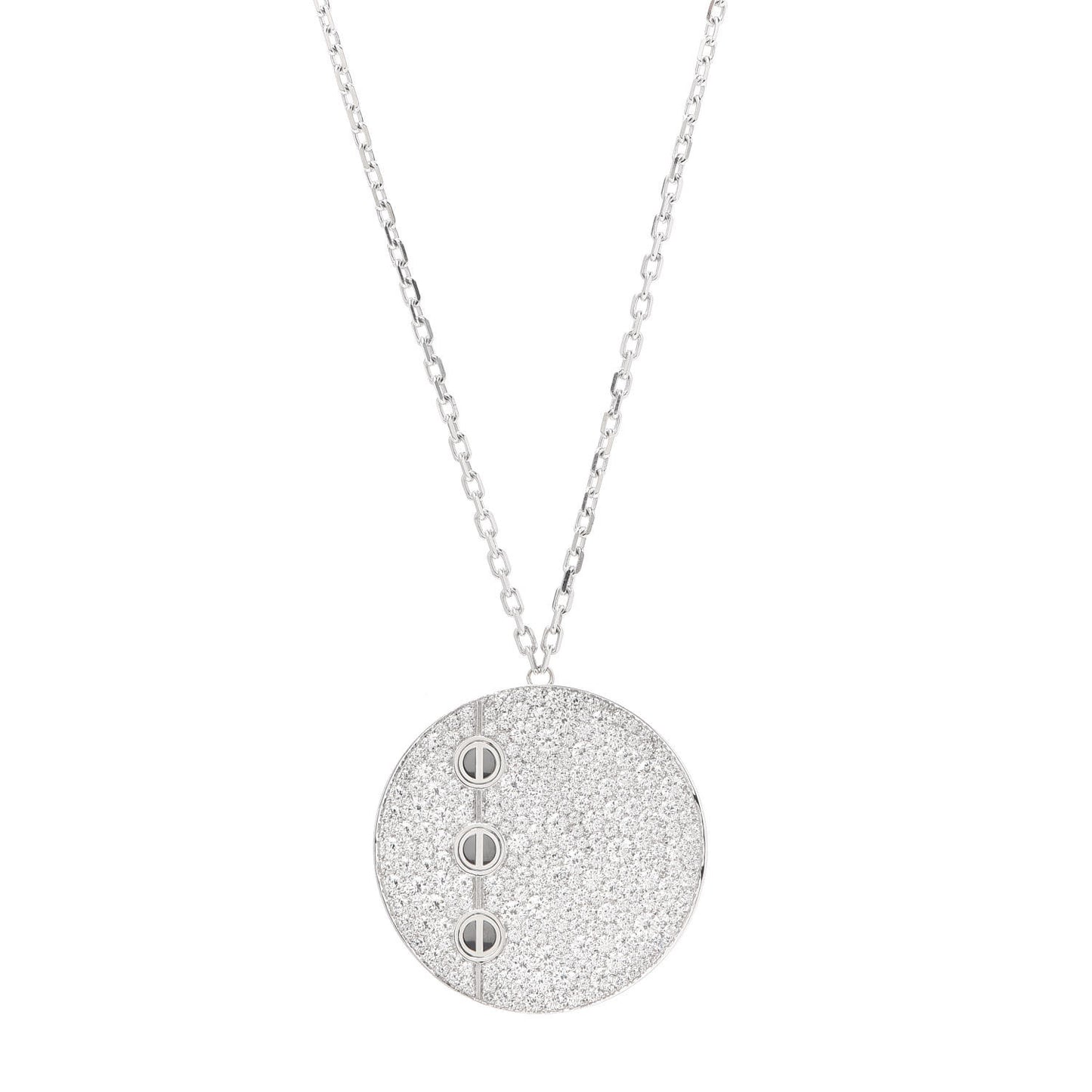 18K White Gold Diamond LOVE Medallion Paved Pendant Necklace