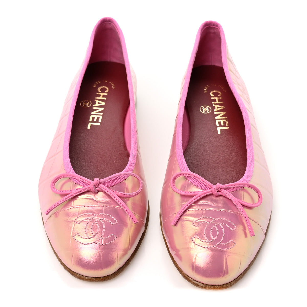 Iridescent Calfskin Crocodile Embossed Ballerina Flats 36.5 Pink