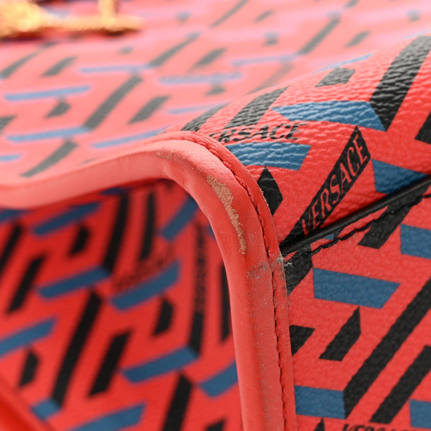 Versace Coated Canvas Calfskin La Greca Signature Tote Bag Blue Red 10 of 13