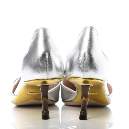 Gucci Metallic Nappa Bamboo Crystal Double G Low Heel Pumps 38 Argento 6 of 9