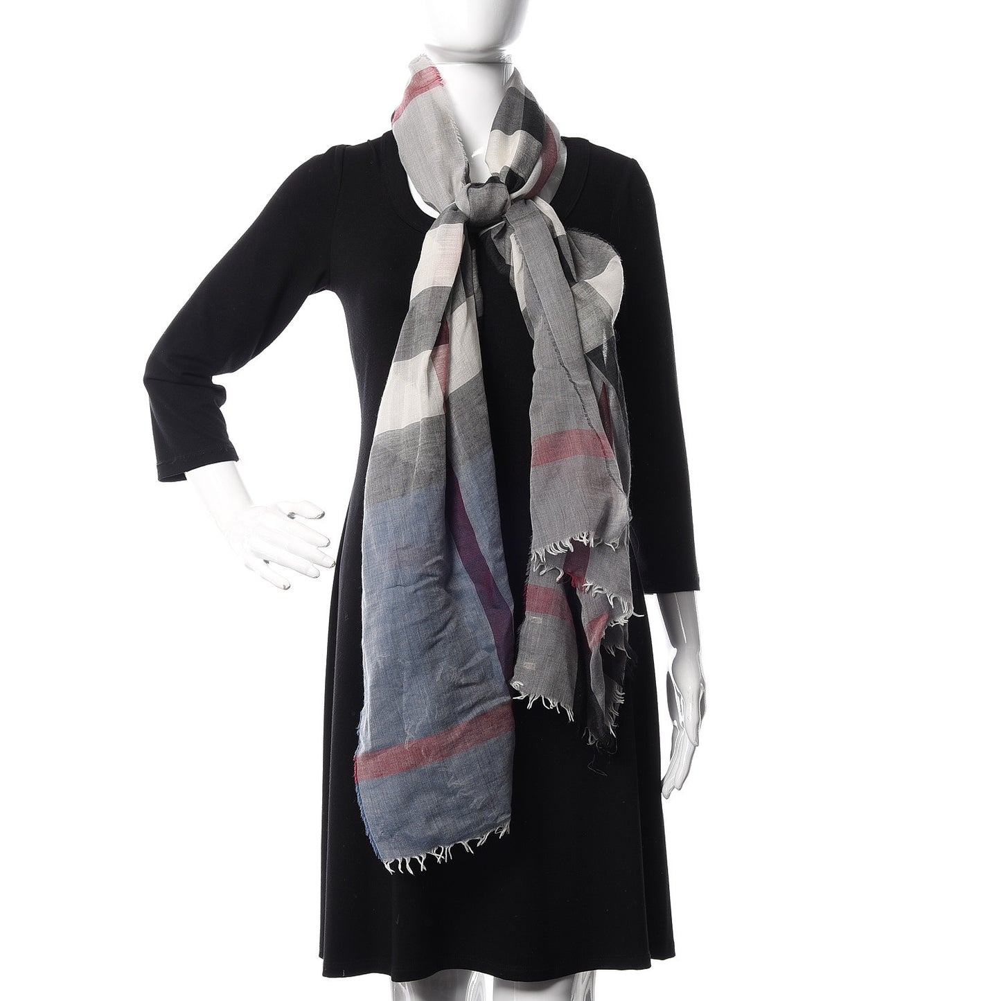 Cotton Silk Wool Half Mega Check Scarf Pale Indigo