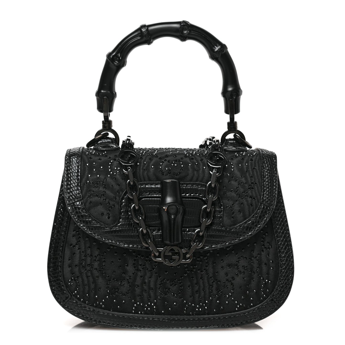 Moire Fabric Calfskin Rhinestone Monogram Monochrome Lizard Embossed Mini Bamboo 1947 Top Handle Chain Bag Black