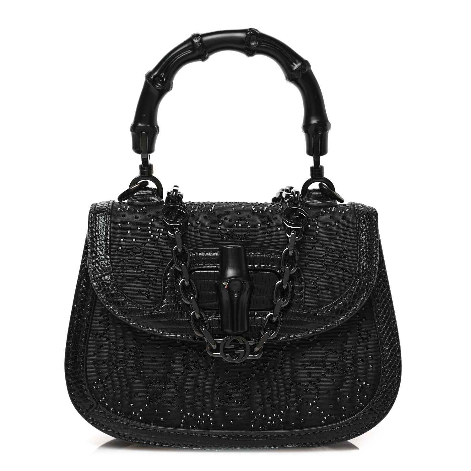 Gucci Moire Fabric Calfskin Rhinestone Monogram Monochrome Lizard Embossed Mini Bamboo 1947 Top Handle Chain Bag Black 1 of 7