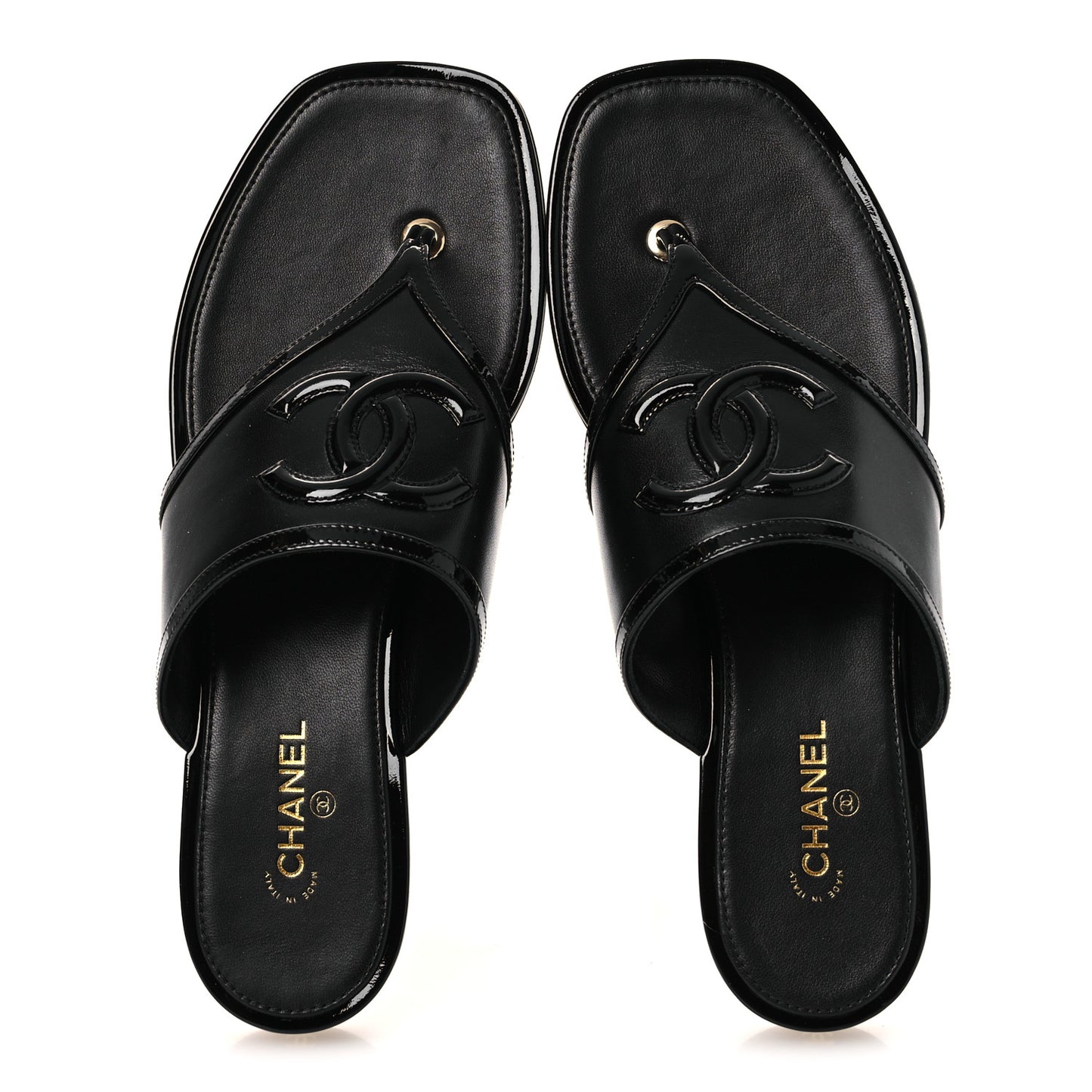 Lambskin Patent Calfskin CC Thong Sandals 39 Black