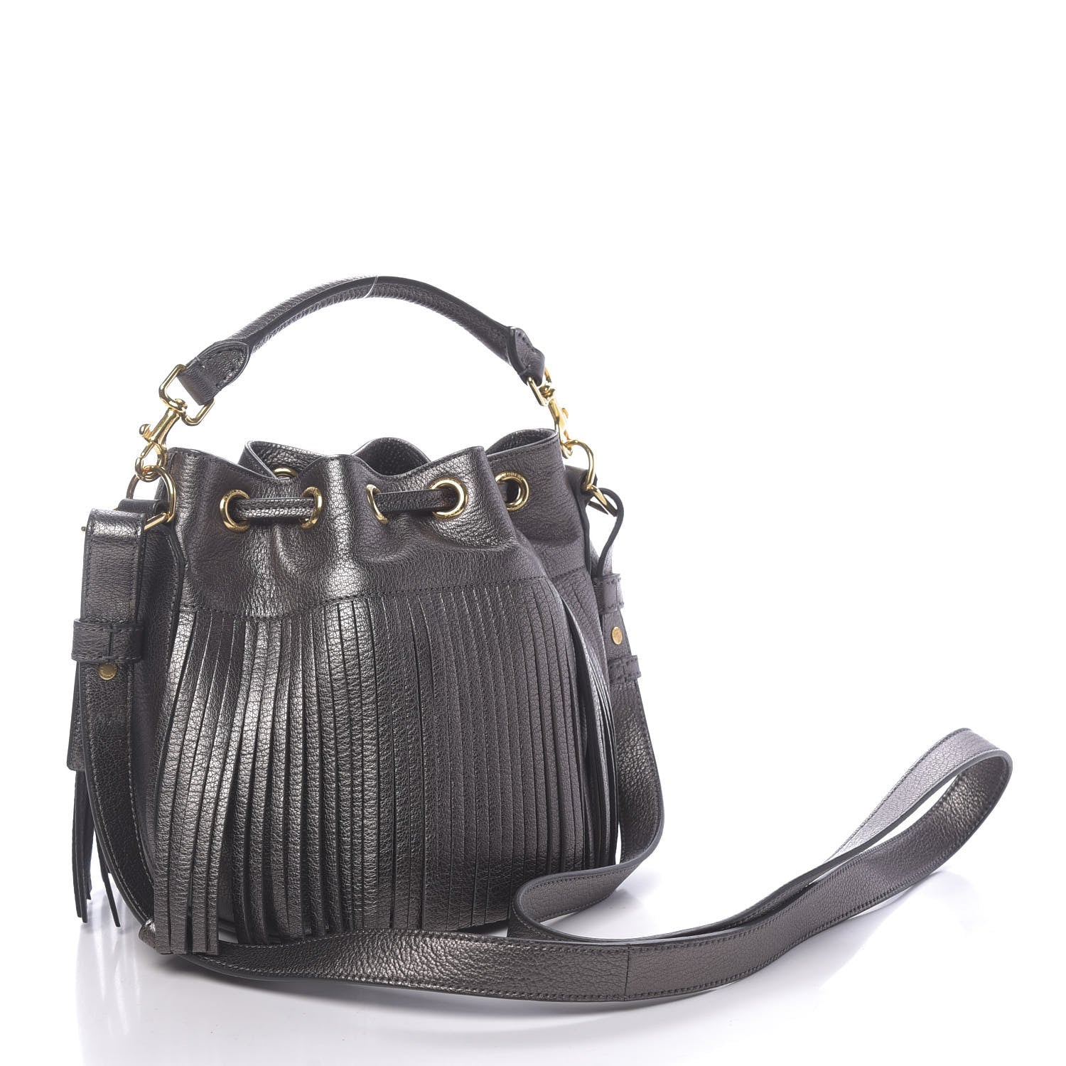 Saint Laurent Metallic Goatskin Small Emmanuelle Fringe Bucket Bag Graphite 3 of 10