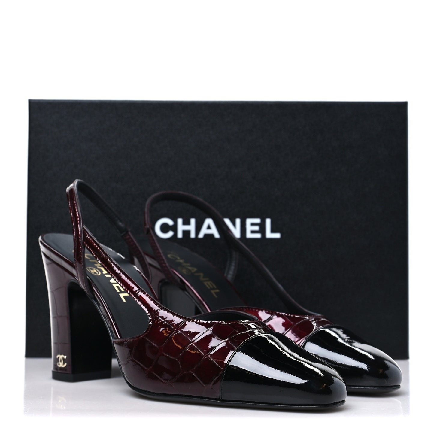 Crocodile Embossed Patent CC Cap Toe CC Slingback Pumps 38 Dark Burgundy