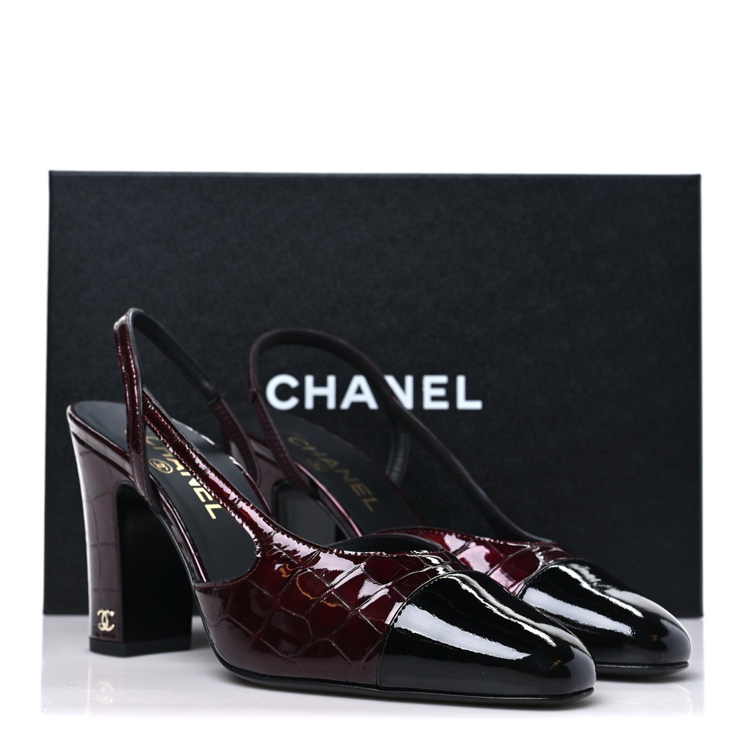 Chanel Crocodile Embossed Patent CC Cap Toe CC Slingback Pumps 38 Dark Burgundy 11 of 11