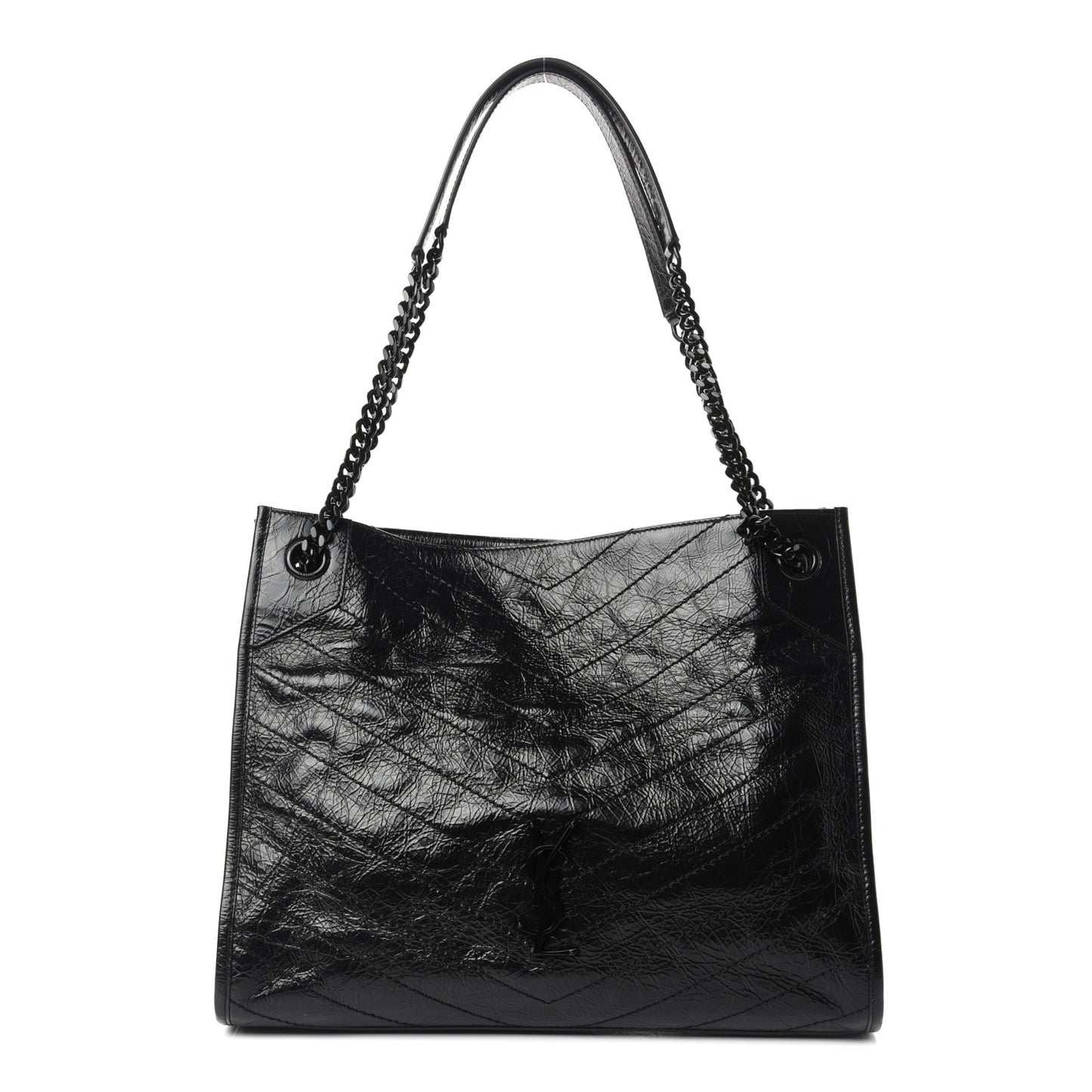 Crinkled Calfskin Matelasse Monogram Medium Niki Shopper Tote Black