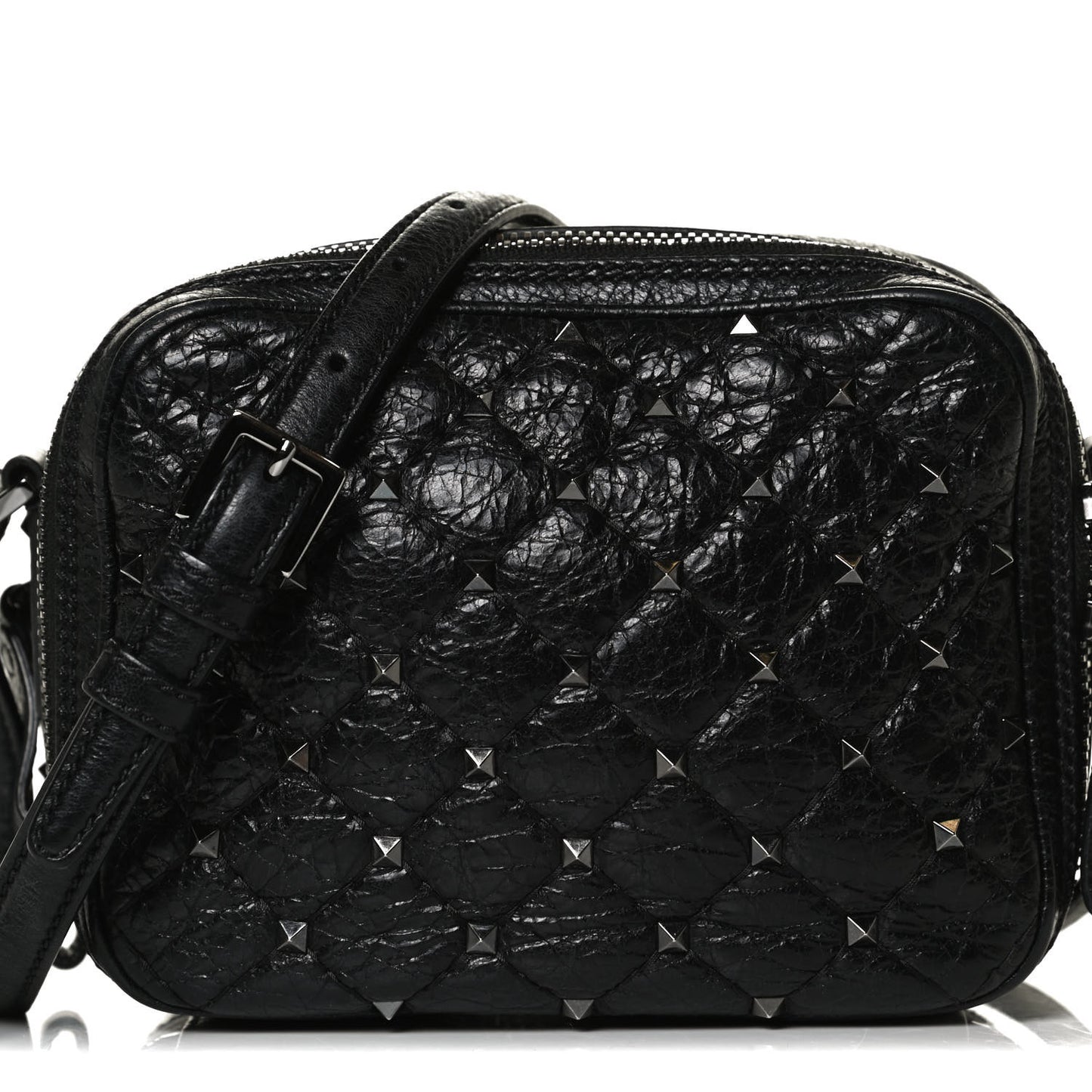 Craquele Nappa Rockstud Spike Double Zip Camera Crossbody Bag Black
