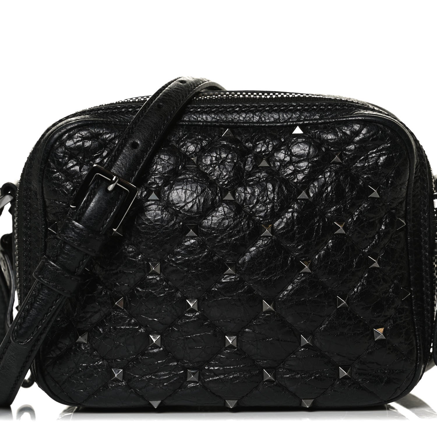 Valentino Garavani Craquele Nappa Rockstud Spike Double Zip Camera Crossbody Bag Black 12 of 12