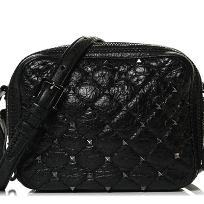Valentino Garavani Craquele Nappa Rockstud Spike Double Zip Camera Crossbody Bag Black 12 of 12