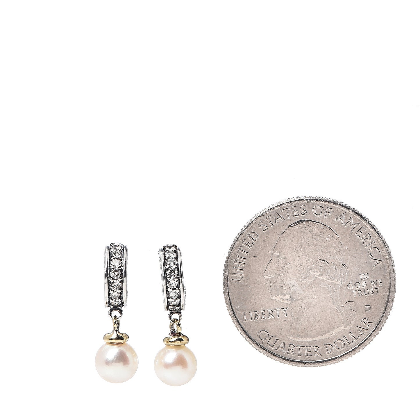 Sterling Silver 18K Yellow Gold Pearl Diamond Cable Drop Earrings