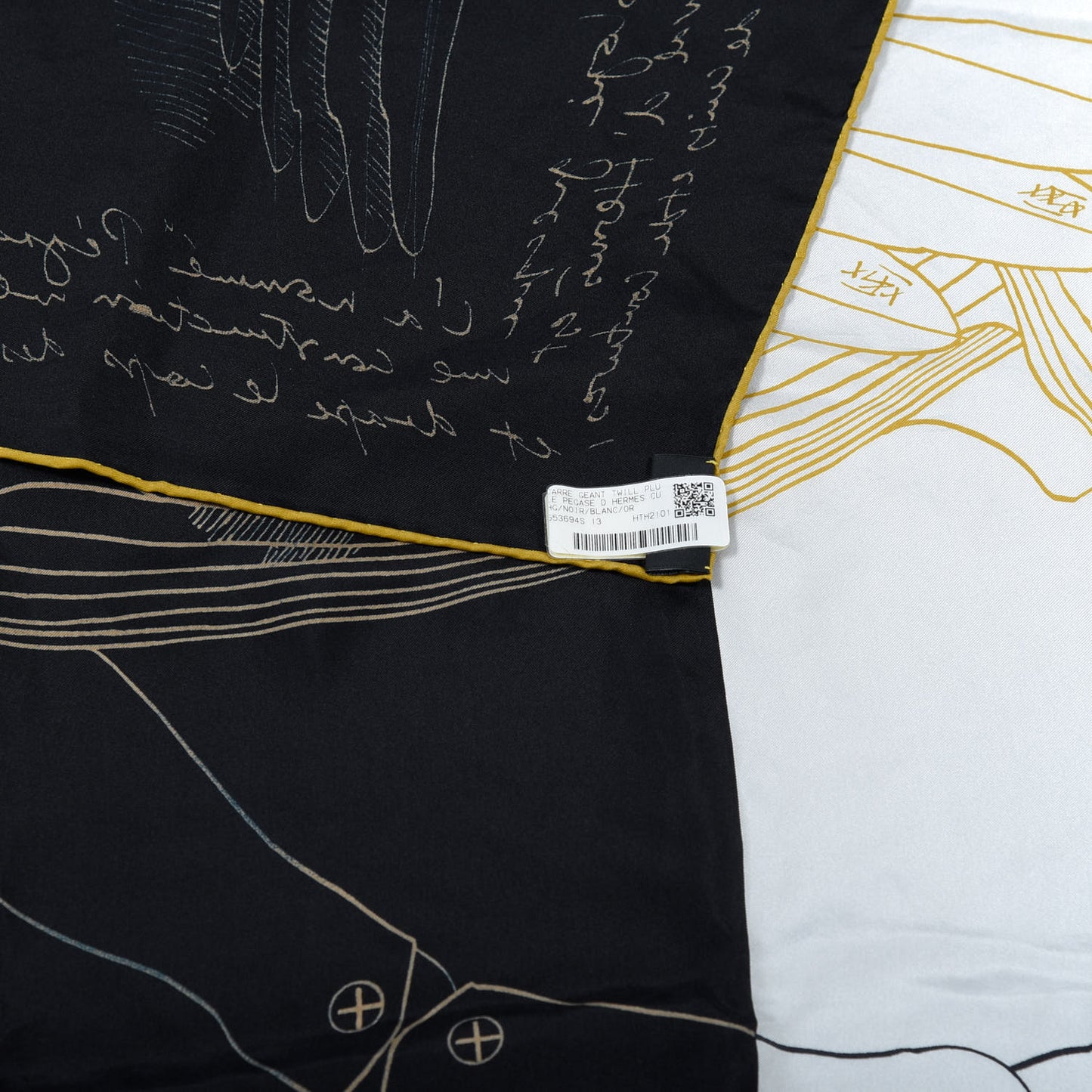 Silk Le Pegase d'Hermes Cut Wash 140 Scarf Black White Or