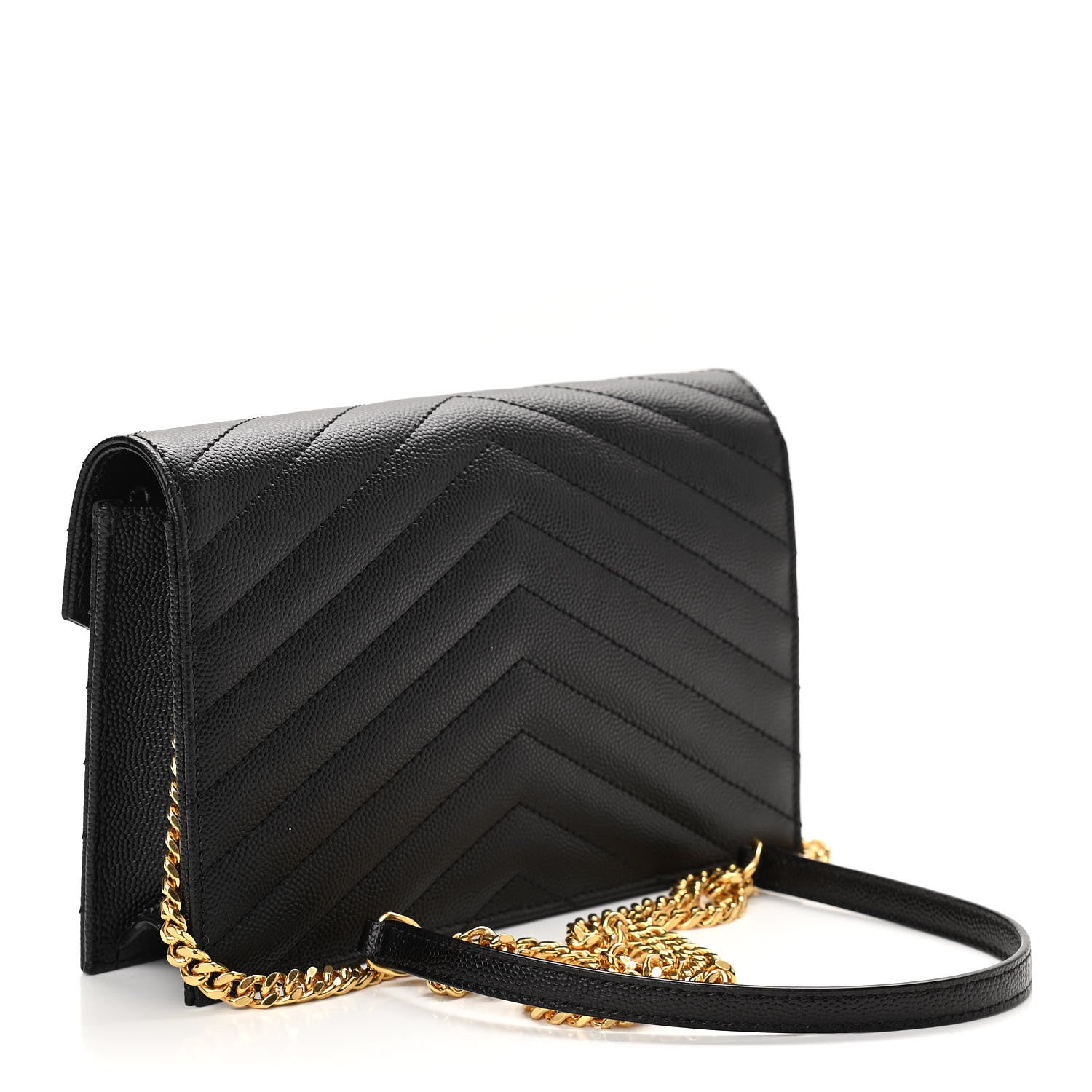 Saint Laurent Grain De Poudre Matelasse Chevron Monogram Envelope Chain Wallet Black 3 of 9