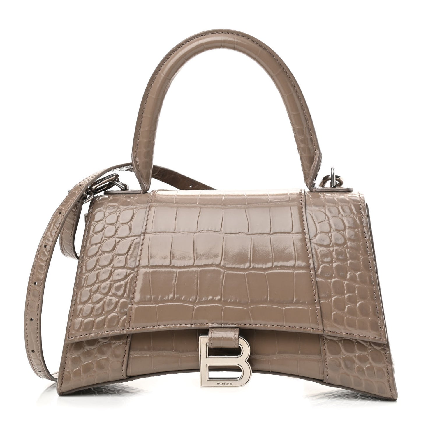 Shiny Calfskin Crocodile Embossed Small Hourglass Top Handle Bag Mink Grey