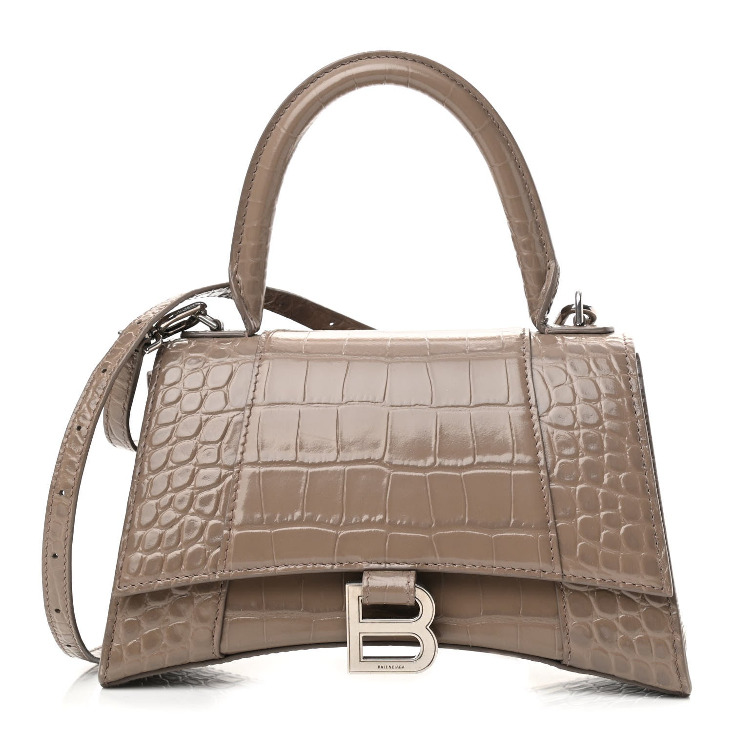 Balenciaga Shiny Calfskin Crocodile Embossed Small Hourglass Top Handle Bag Mink Grey 1 of 11