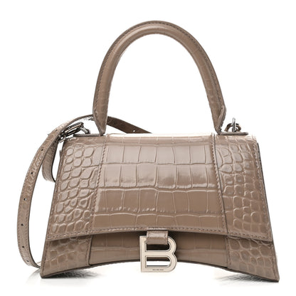 Balenciaga Shiny Calfskin Crocodile Embossed Small Hourglass Top Handle Bag Mink Grey 1 of 11