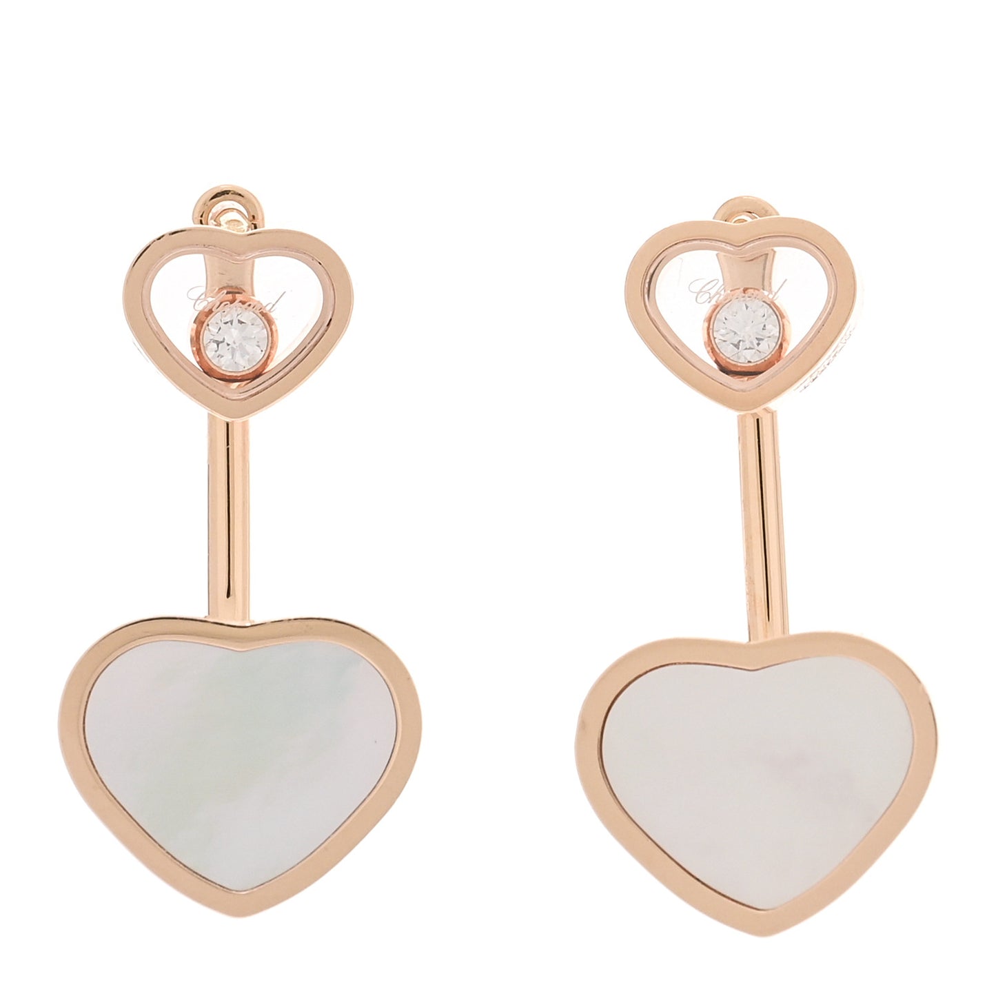 18K Rose Gold Diamond Mother of Pearl Floating Happy Hearts Drop Earrings