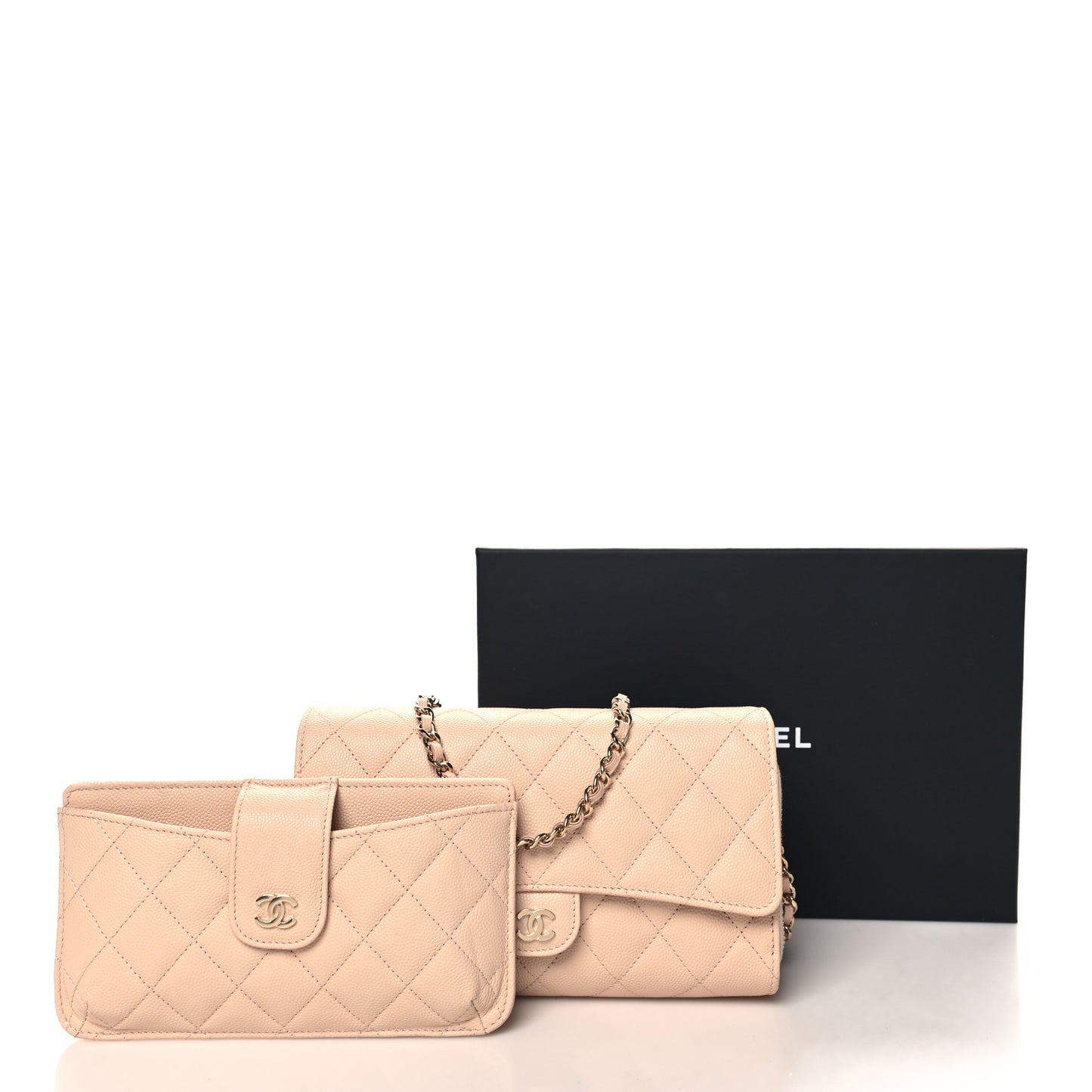 Caviar Quilted Phone Holder Wallet on Removable Chain Light Beige