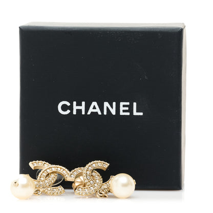 Chanel Crystal Pearl CC Drop Earrings Light Gold 5 of 5
