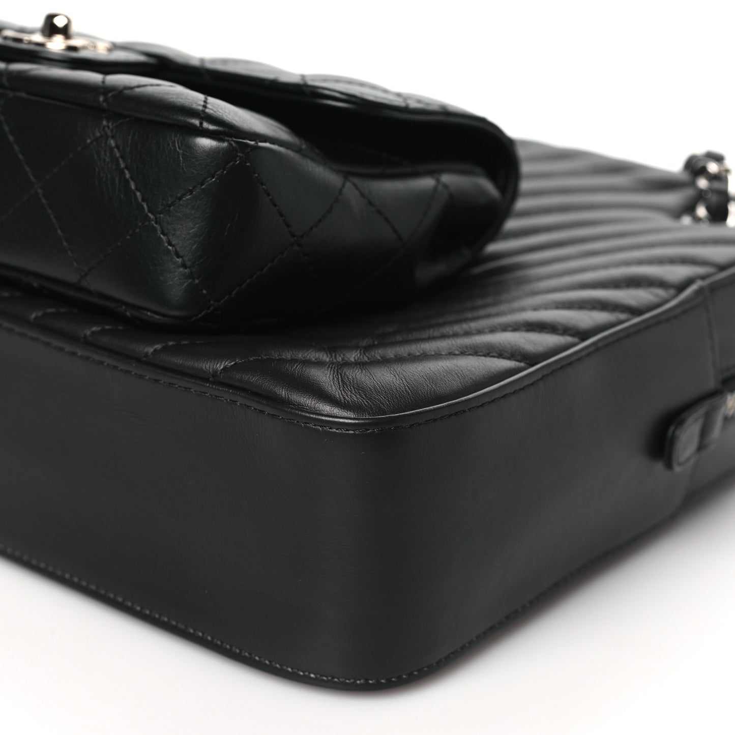 Calfskin Chevron Quilted Double Camera Bag With Flap Black Black