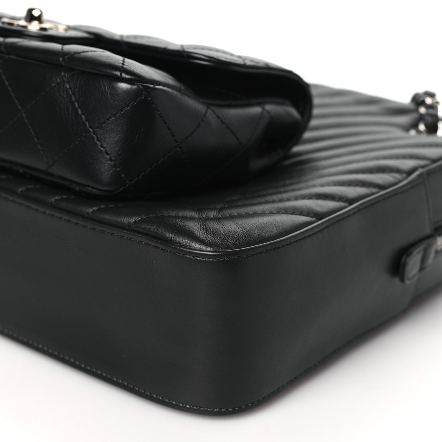 Chanel Calfskin Chevron Quilted Double Camera Bag With Flap Black Black 10 of 10