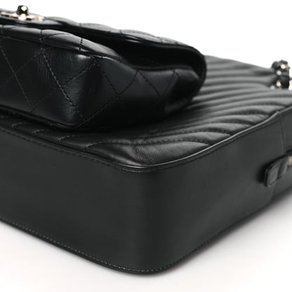 Chanel Calfskin Chevron Quilted Double Camera Bag With Flap Black Black 10 of 10