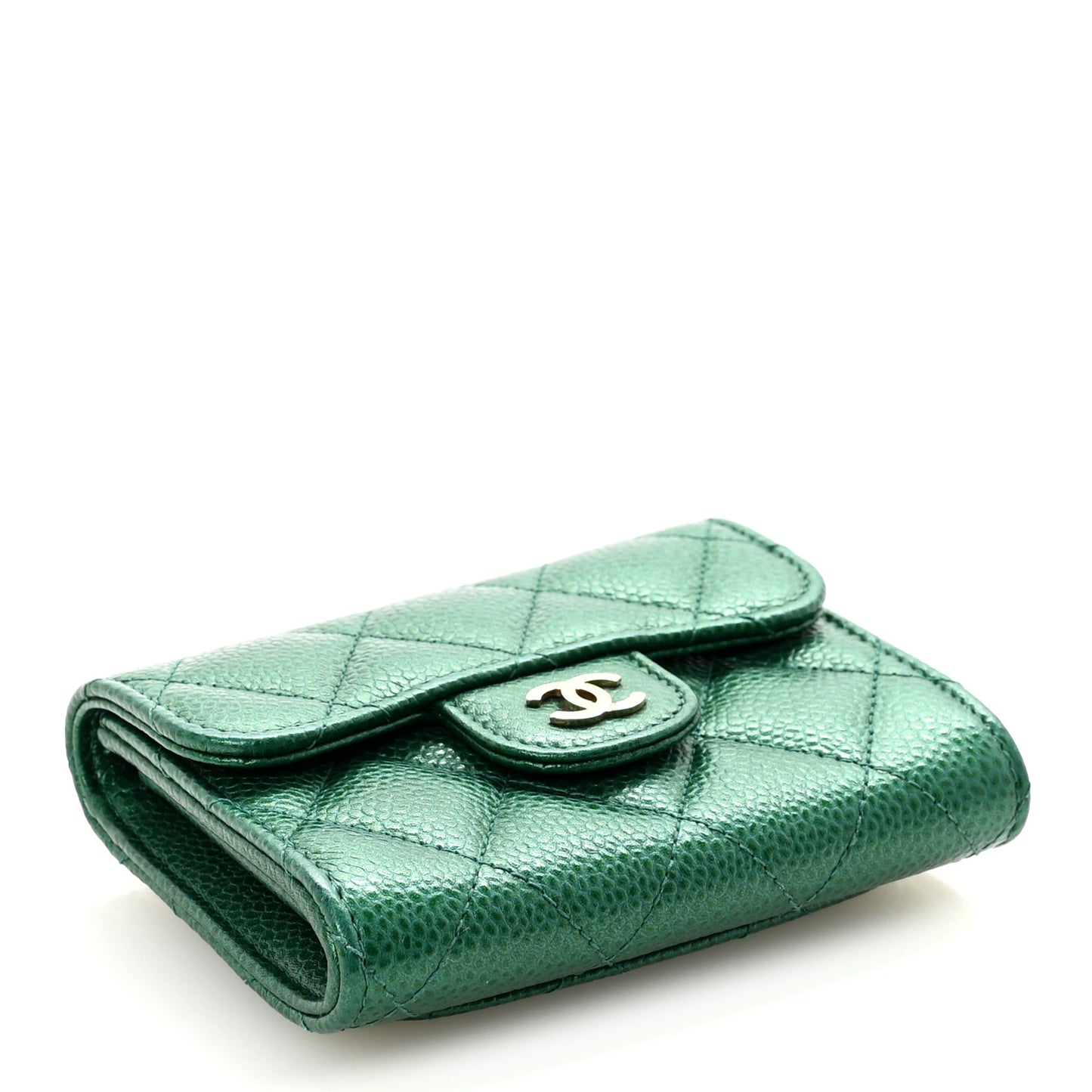 Metallic Caviar Quilted Flap Card Holder Wallet Green