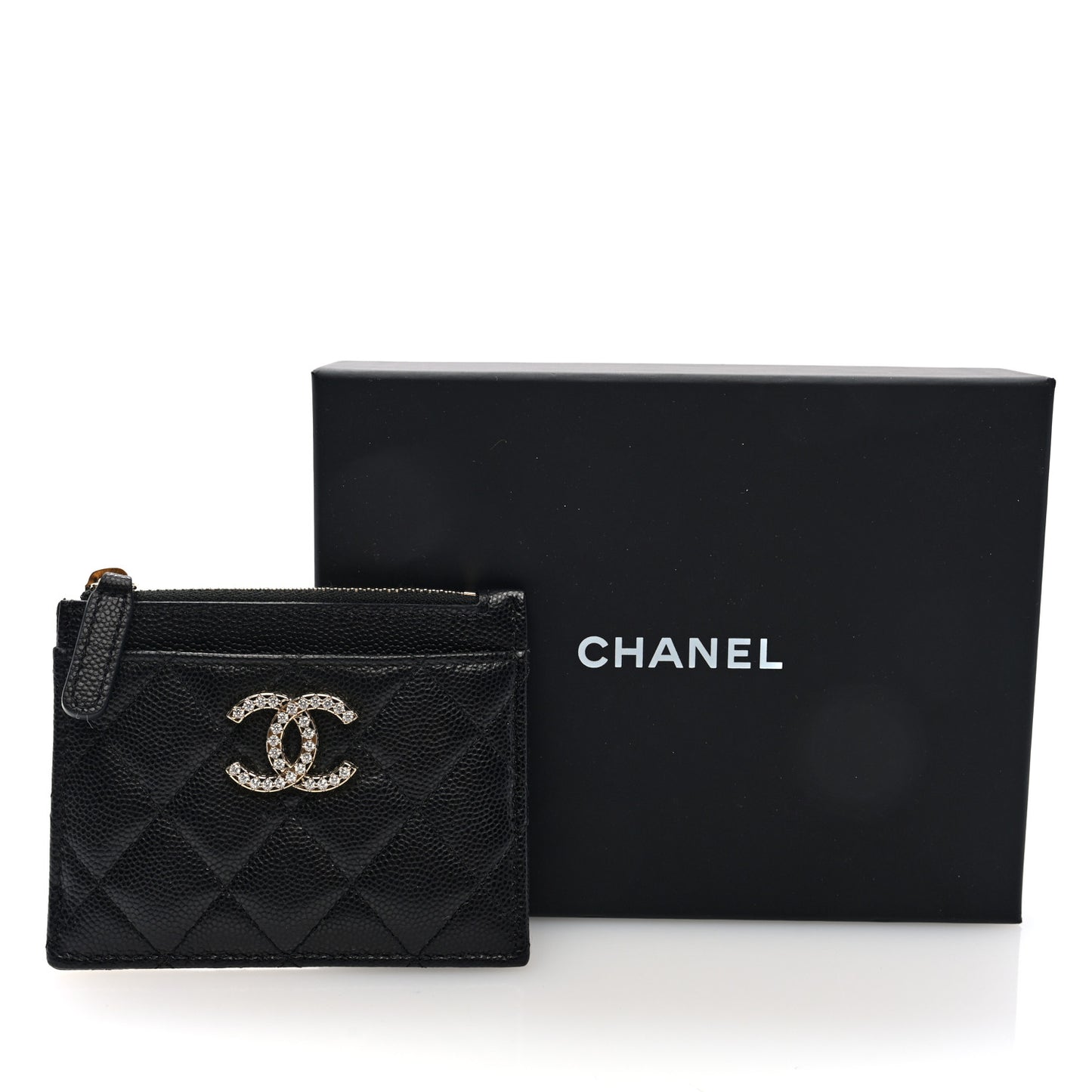 Caviar Quilted Crystal CC Logo Zip Card Holder Black
