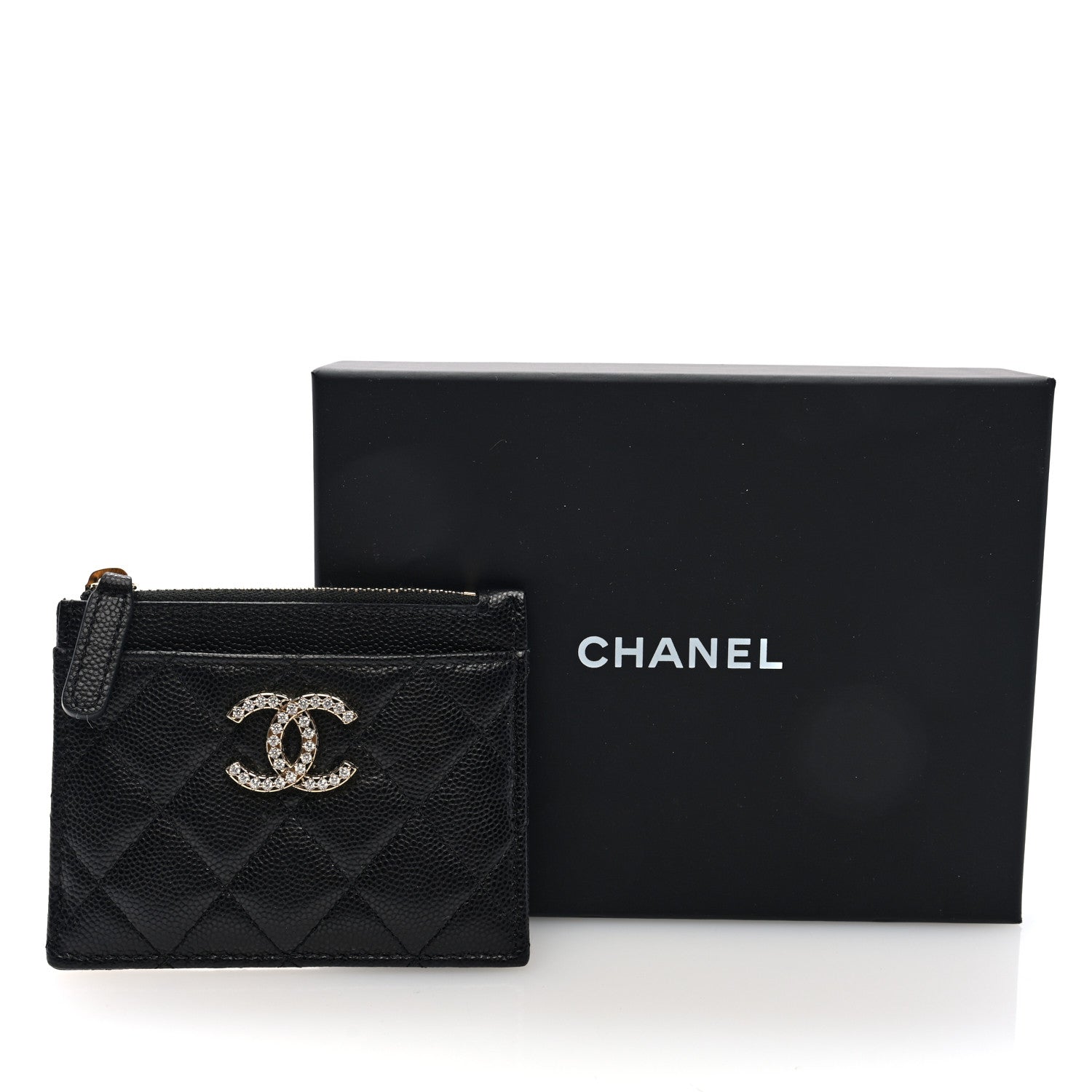 Chanel Caviar Quilted Crystal CC Logo Zip Card Holder Black 8 of 8