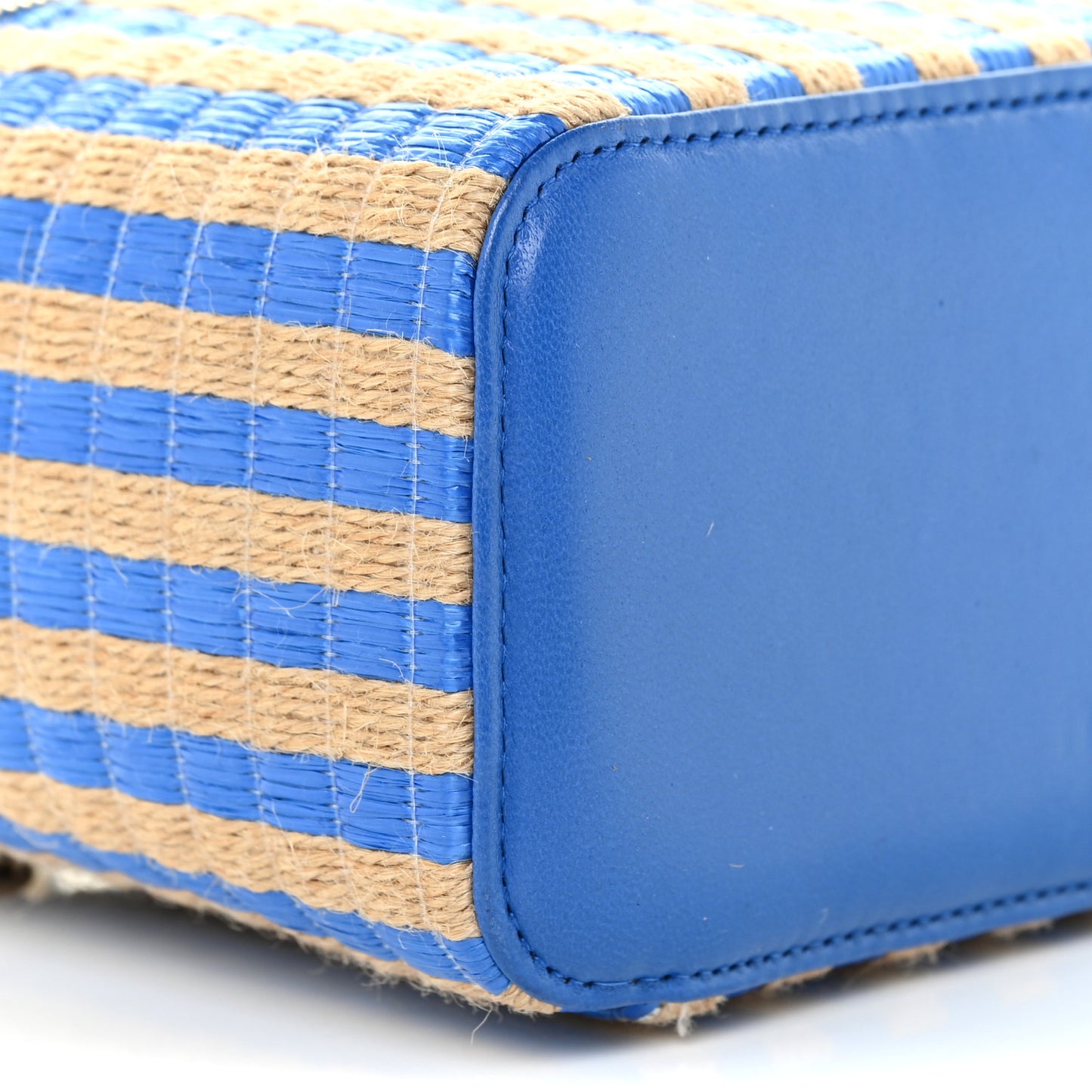 Raffia Jute Striped Small Vanity Case With Chain Blue Beige