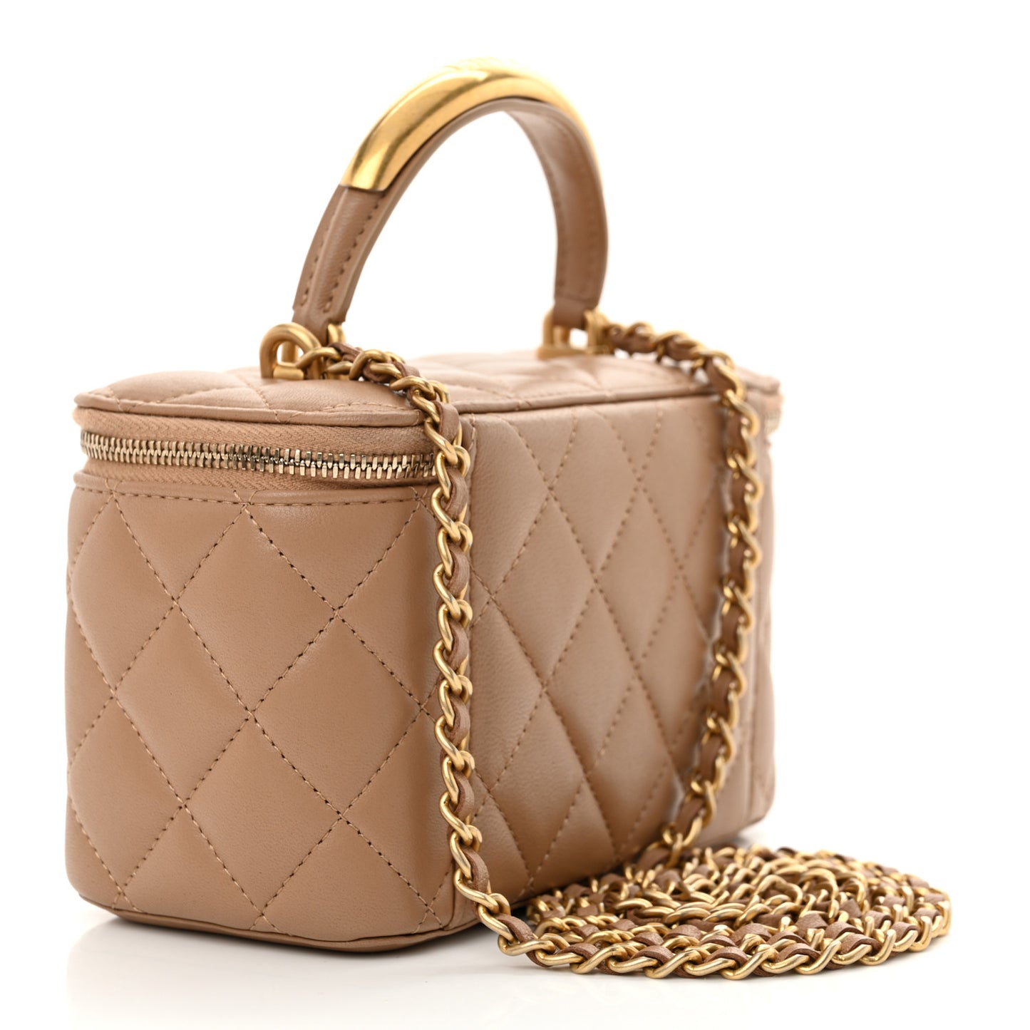 Lambskin Quilted Metal Small Top Handle Vanity Case With Chain Beige