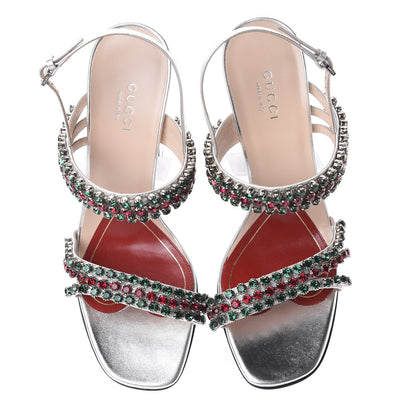 Gucci Nappa Silk Crystal Bertie High Heel Sandals 37.5 Argento 5 of 10