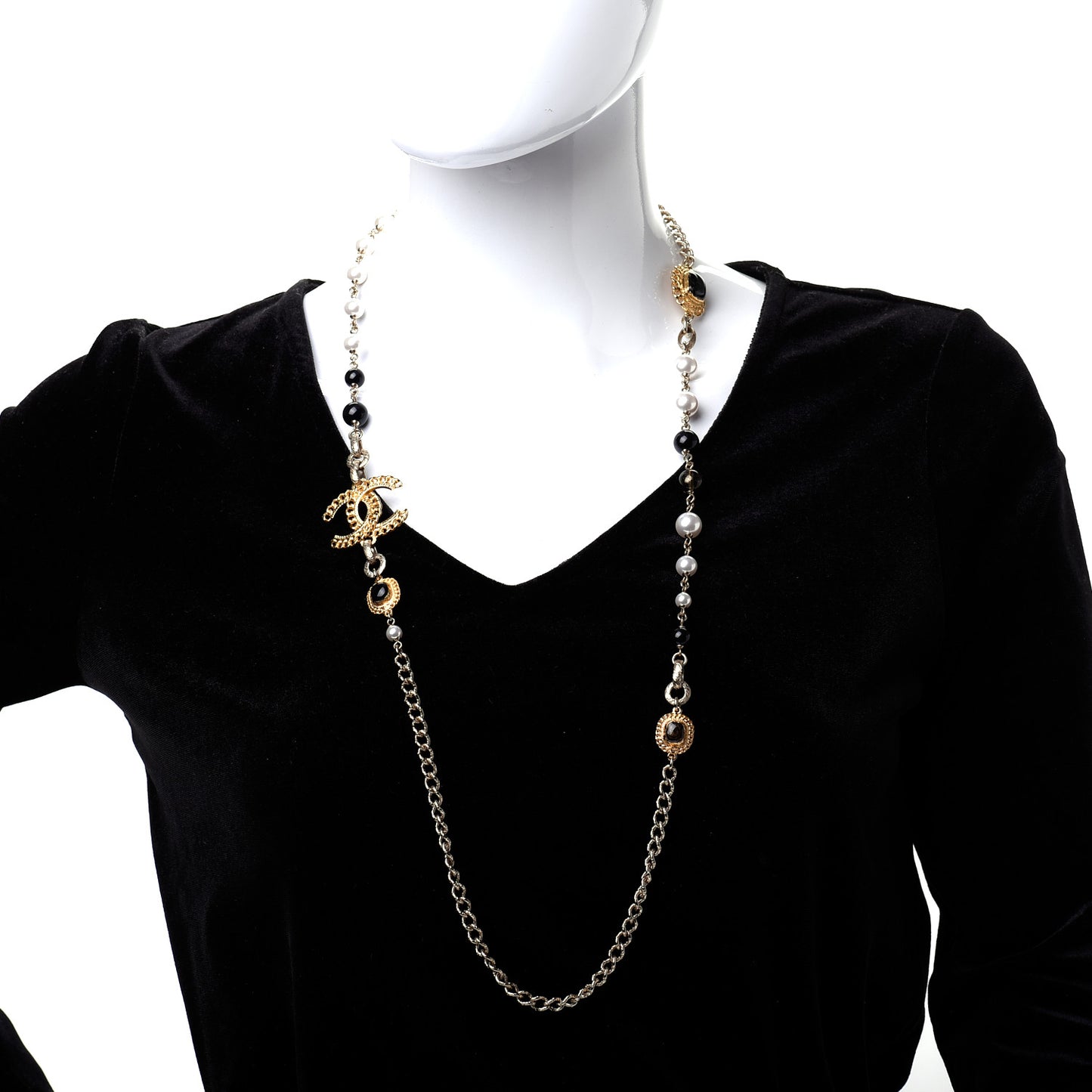 Enamel Pearl Bead CC Long Necklace Black Gold