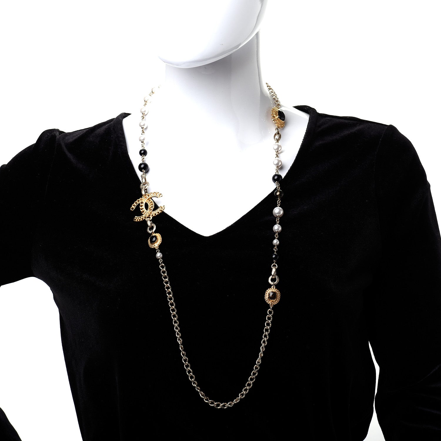 Chanel Enamel Pearl Bead CC Long Necklace Black Gold 2 of 7