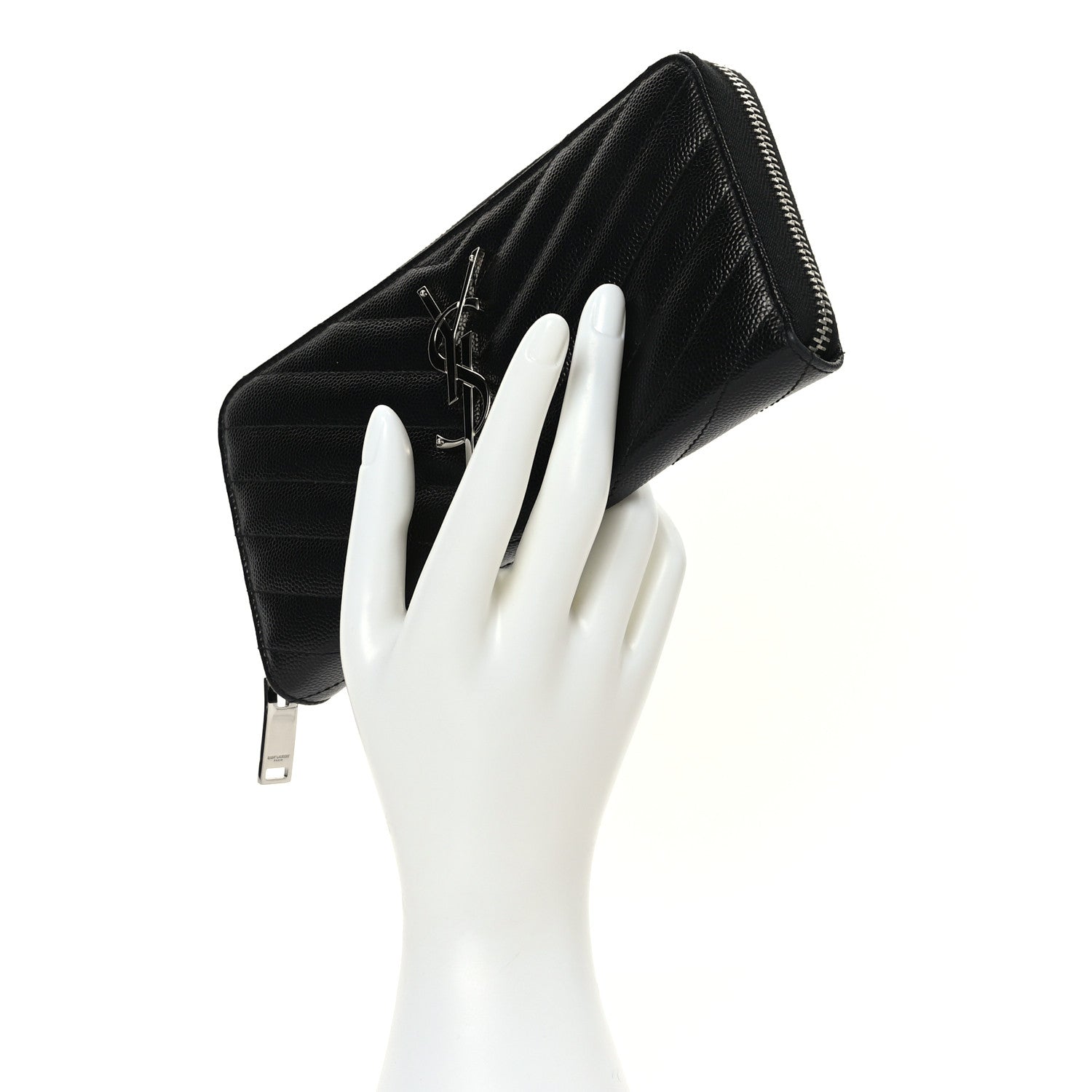 Saint Laurent Grain De Poudre Matelasse Chevron Monogram Zip Around Wallet Black 2 of 9