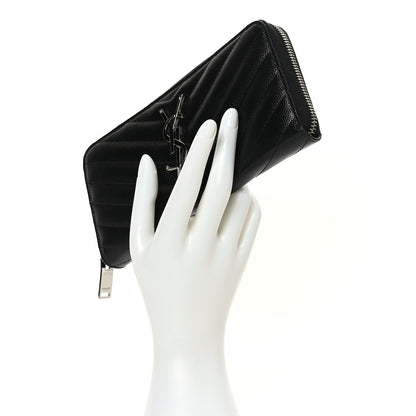Saint Laurent Grain De Poudre Matelasse Chevron Monogram Zip Around Wallet Black 2 of 9